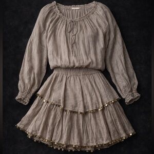 NWT LoveShackFancy XS Popover MiniDress Stone Cotton Gauze Boho Ruffle Fairycore